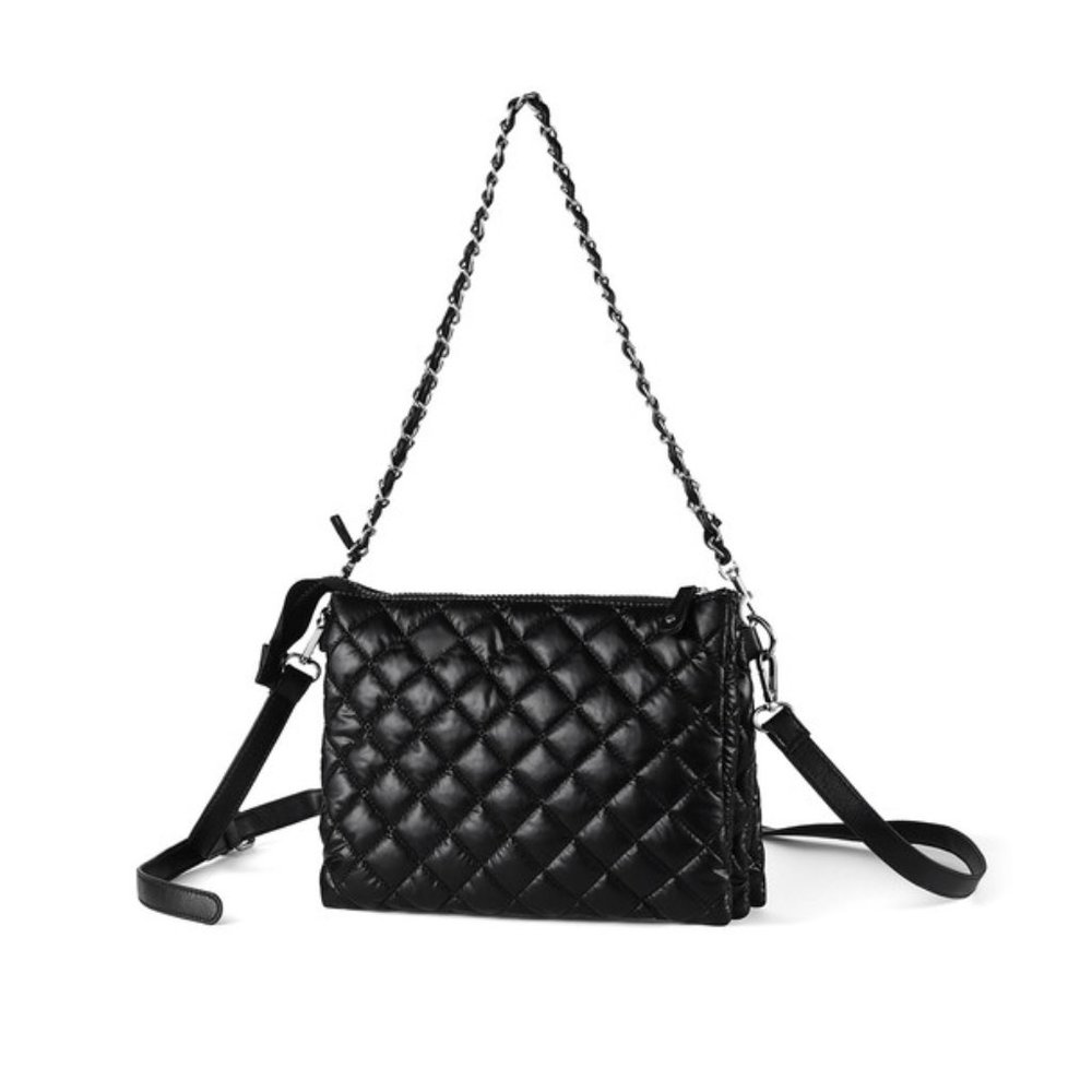 Quilted Puffy Crossbody W/ Silver Chain Décor Strap- Black- NWT